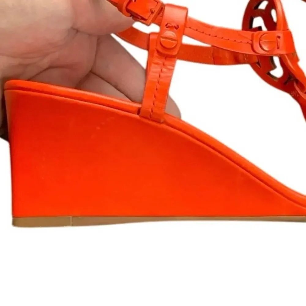 Tory Burch Women’s Orange Leather Logo Medallion T-Strap Wedge Sandals Size 8.5M